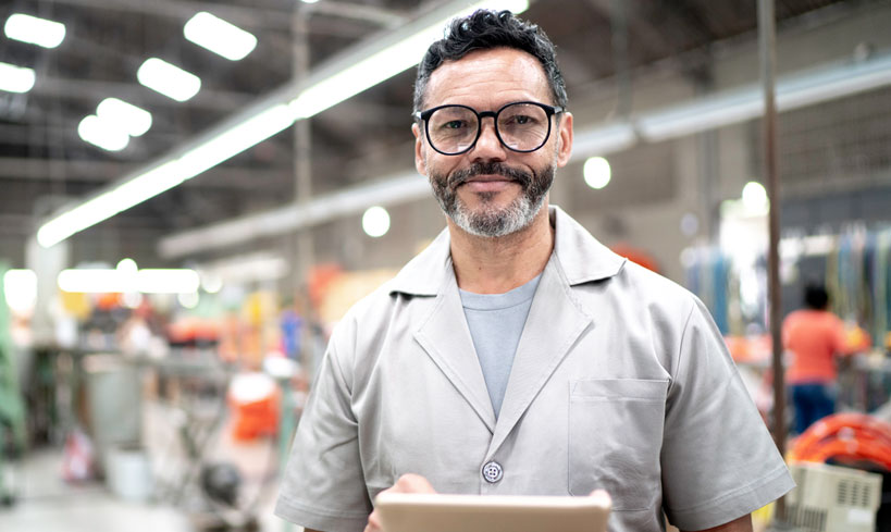 Man standing in warehouse with tablet